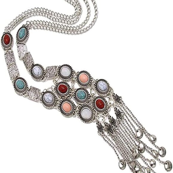 Turquoise Long Boho Bohemian Statement Ethnic Tribal Necklace for Women Vintage - Picture 2 of 7
